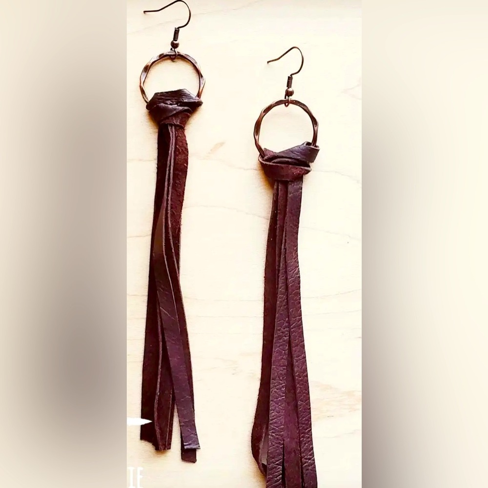 Brown Leather Fringe Tassel Earrings